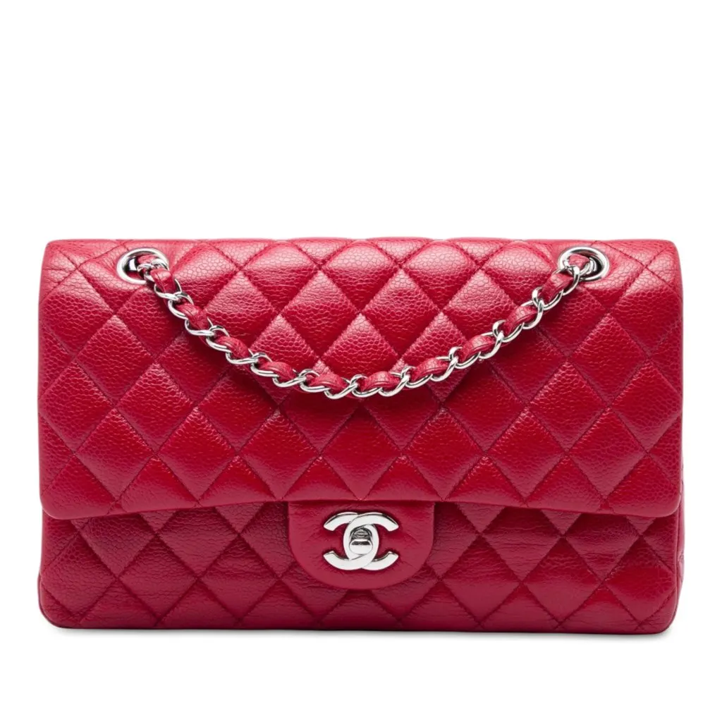 Chanel Medium Classic Caviar Double Flap Red Leather Good - Front View