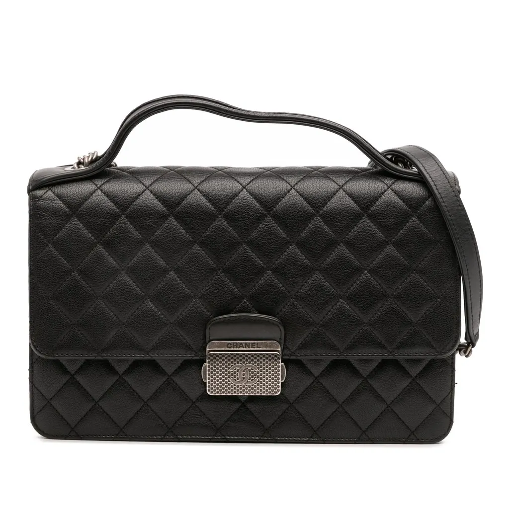 Chanel Medium Quilted Goatskin CC University Flap Black Leather Good - Front View