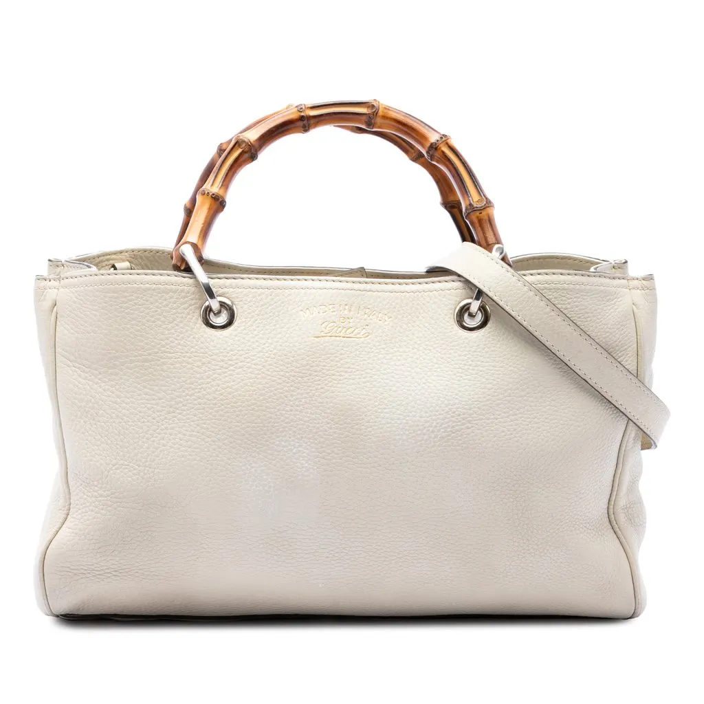 Gucci Medium Calfskin Bamboo Shopper Satchel White Leather Good - Front View