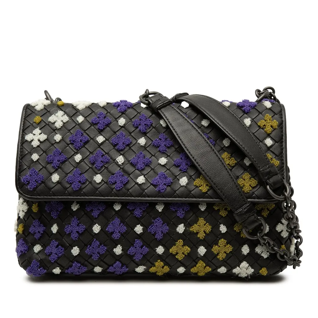 Bottega Veneta Small Multicolor Embroidered Nappa Intrecciato Olimpia Shoulder Bag Black Leather Very good - Front View