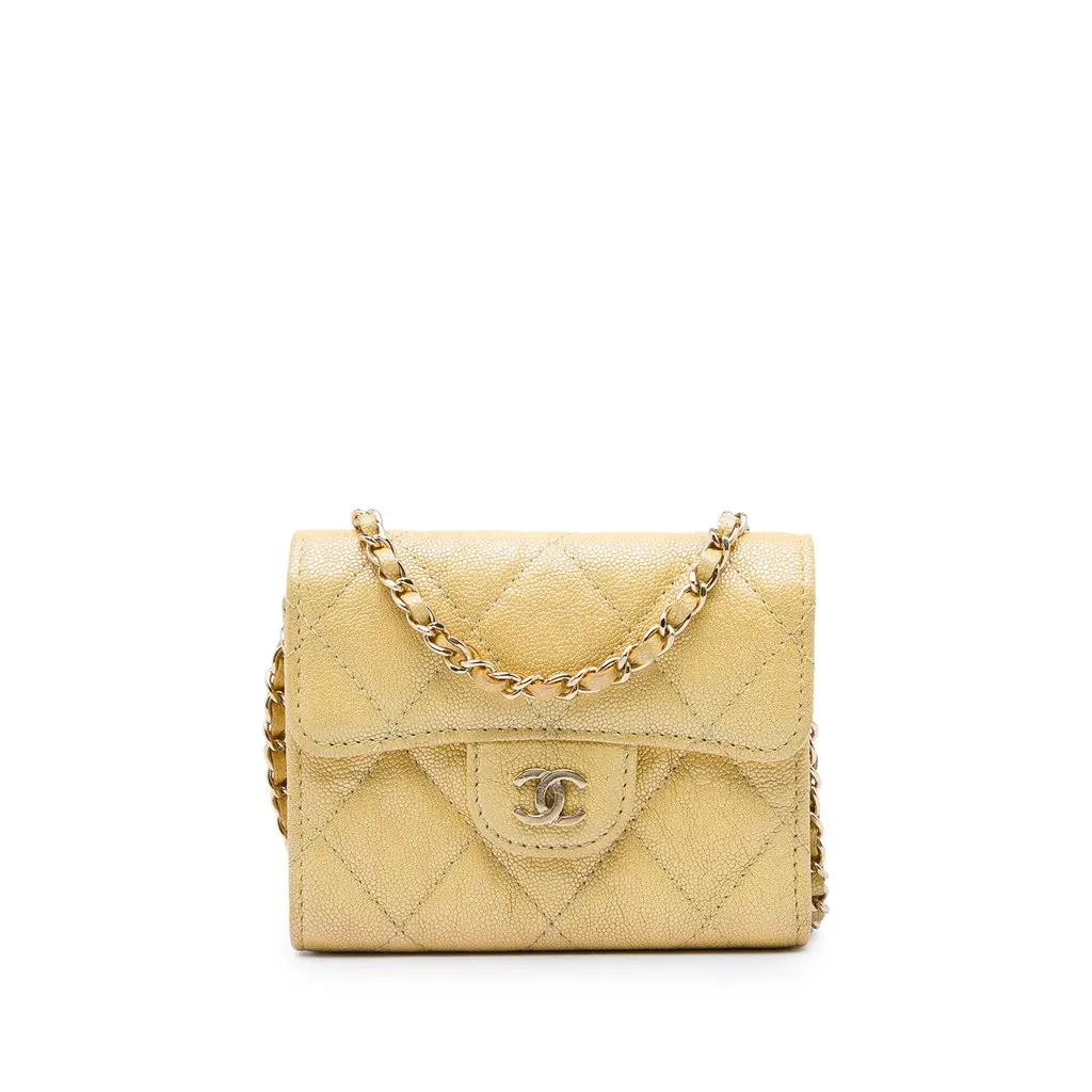 Chanel CC Quilted Iridescent Caviar Flap Card Holder on Chain Gold Leather Very good - Front View