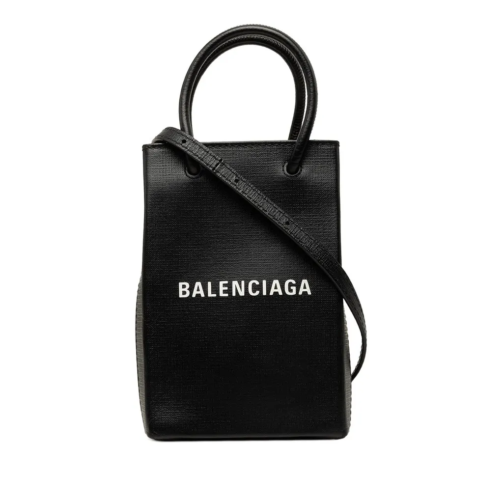 Balenciaga Mini Calfskin Logo Shopping Phone Holder Black Leather Very good - Front View