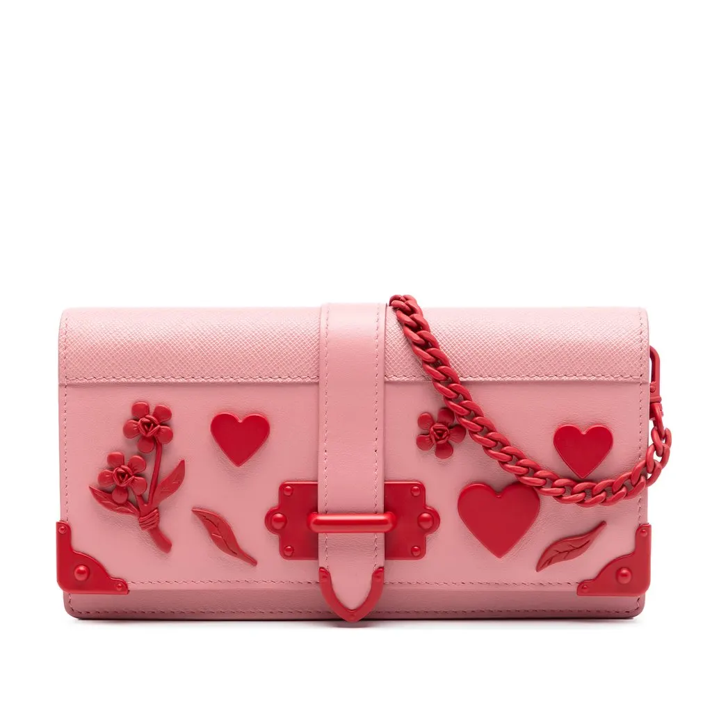 Prada Saffiano Trimmed City Calf Cahier Heart and Flower Wallet on Chain Pink Leather Very good - Front View