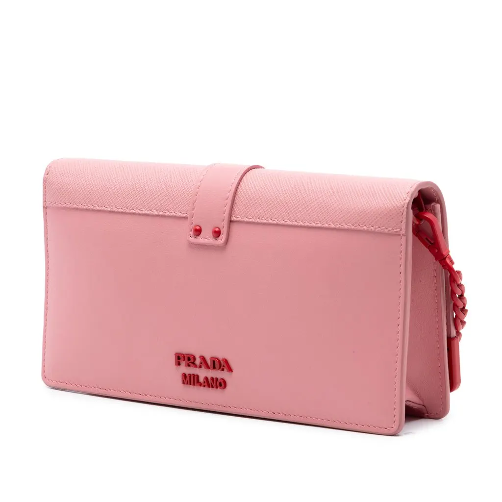 Prada Saffiano Trimmed City Calf Cahier Heart and Flower Wallet on Chain Pink Leather Very good - Back View