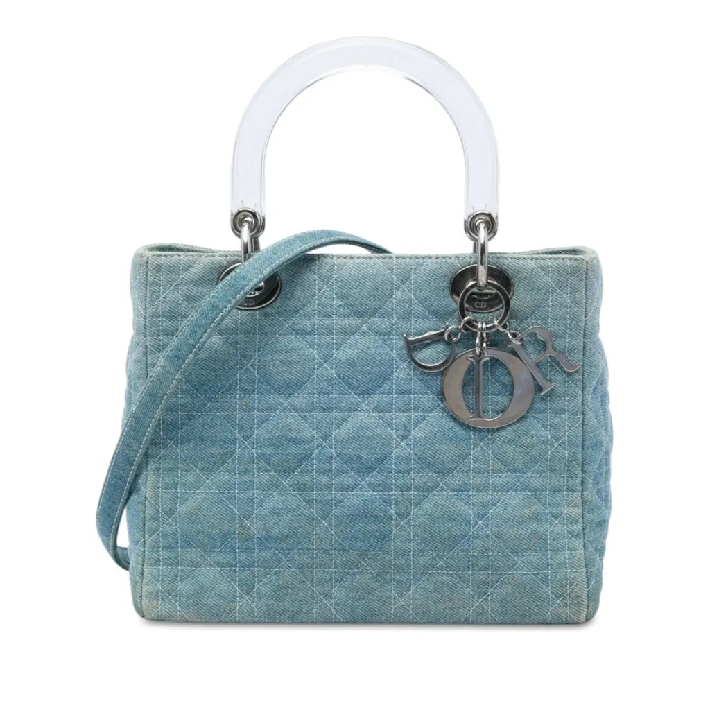 Dior Medium Denim Cannage Acrylic Handles Lady Dior Blue Very good - Front View