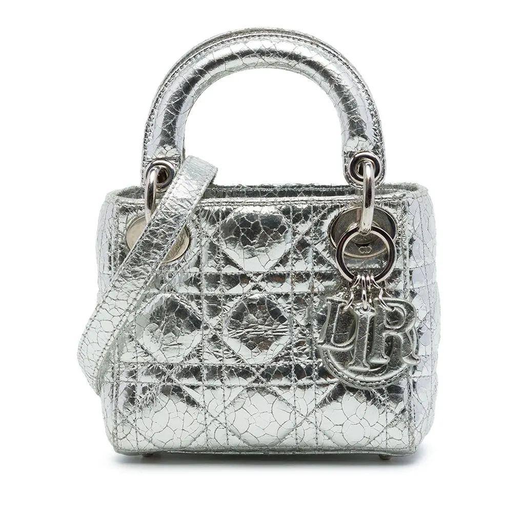 Dior Micro Metallic Crinkled Calfskin Cannage Lady Dior Silver Leather Very good - Front View
