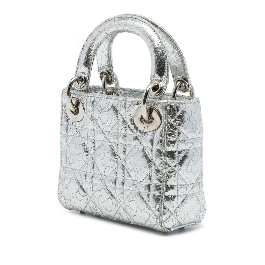 Dior Micro Metallic Crinkled Calfskin Cannage Lady Dior Silver Leather Very good - Back View