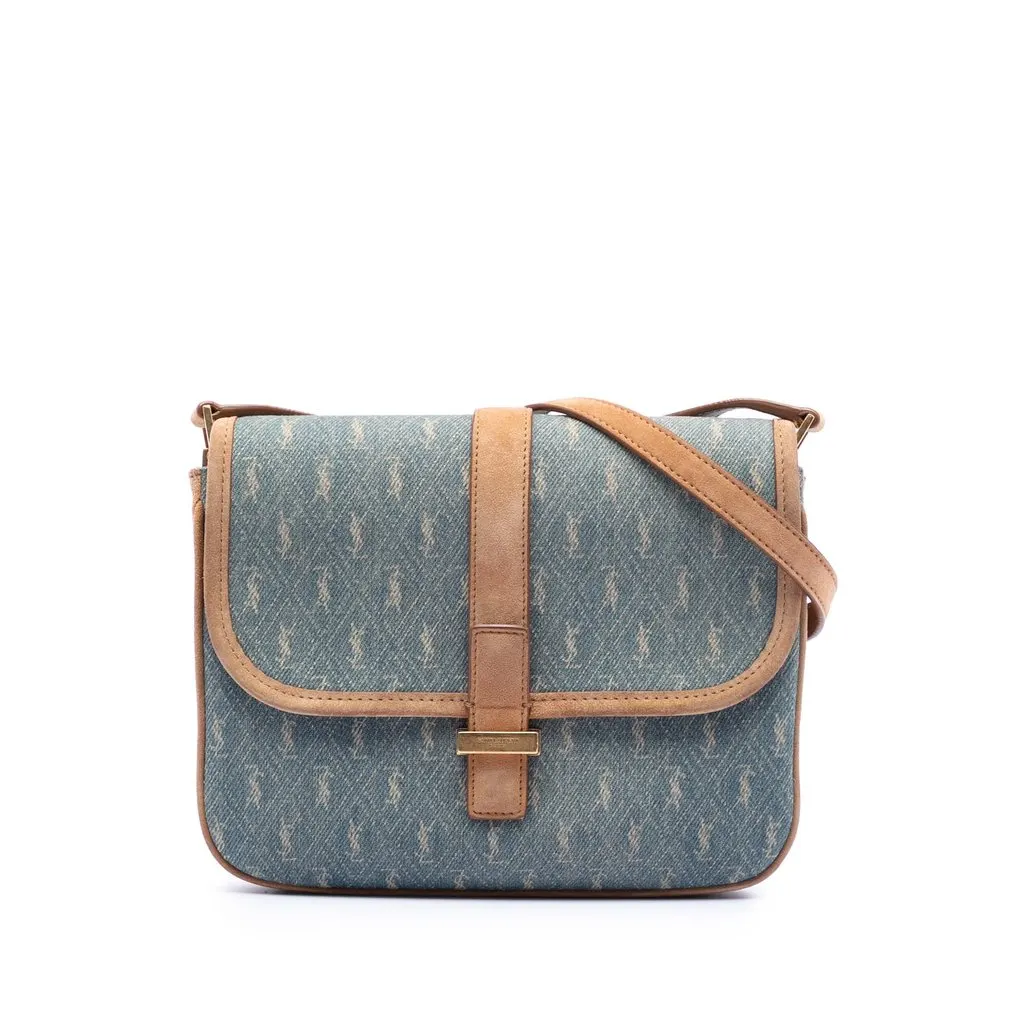 Saint Laurent Suede Trimmed Denim Monogram Allover Crossbody Blue Very good - Front View