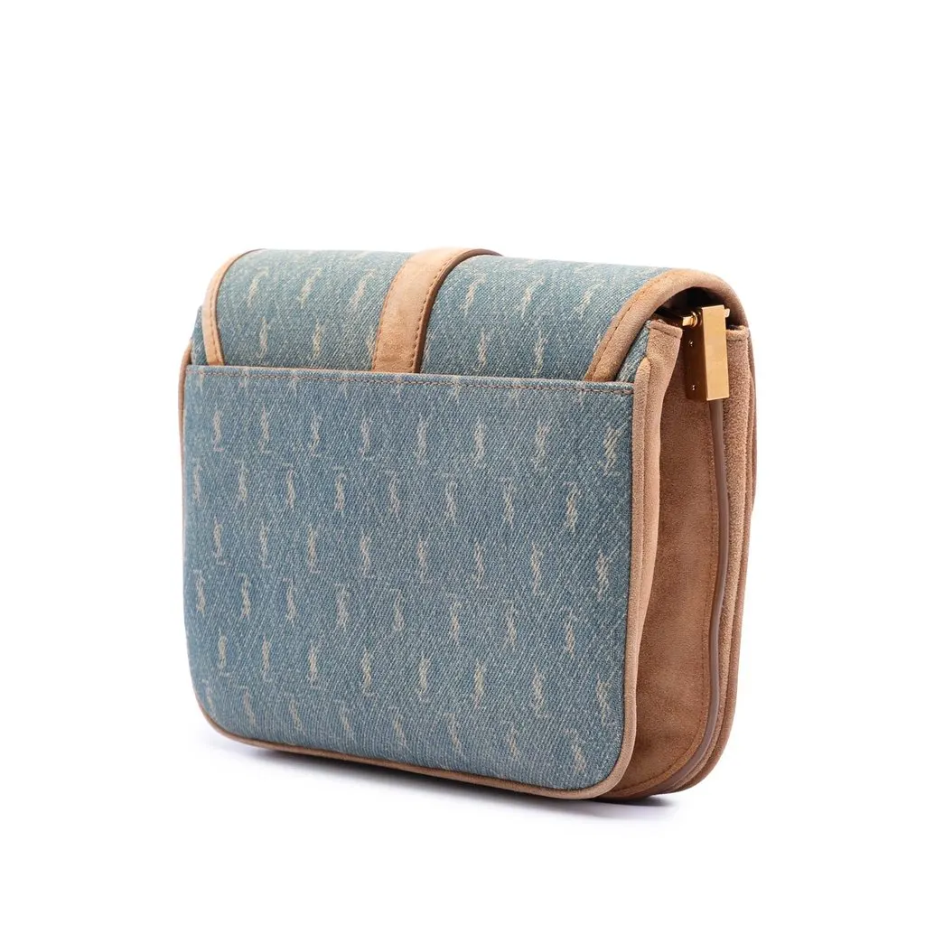 Saint Laurent Suede Trimmed Denim Monogram Allover Crossbody Blue Very good - Back View