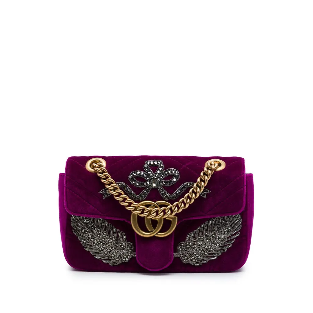 Gucci Small GG Marmont Matelasse Velvet Crystal Embellished Shoulder Bag Purple Very good - Front View