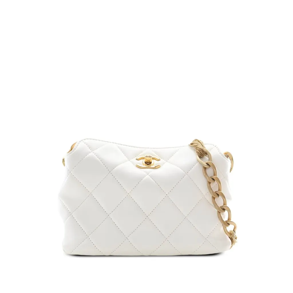 Chanel Small CC Quilted Lambskin Chain Hobo White Leather Good - Front View