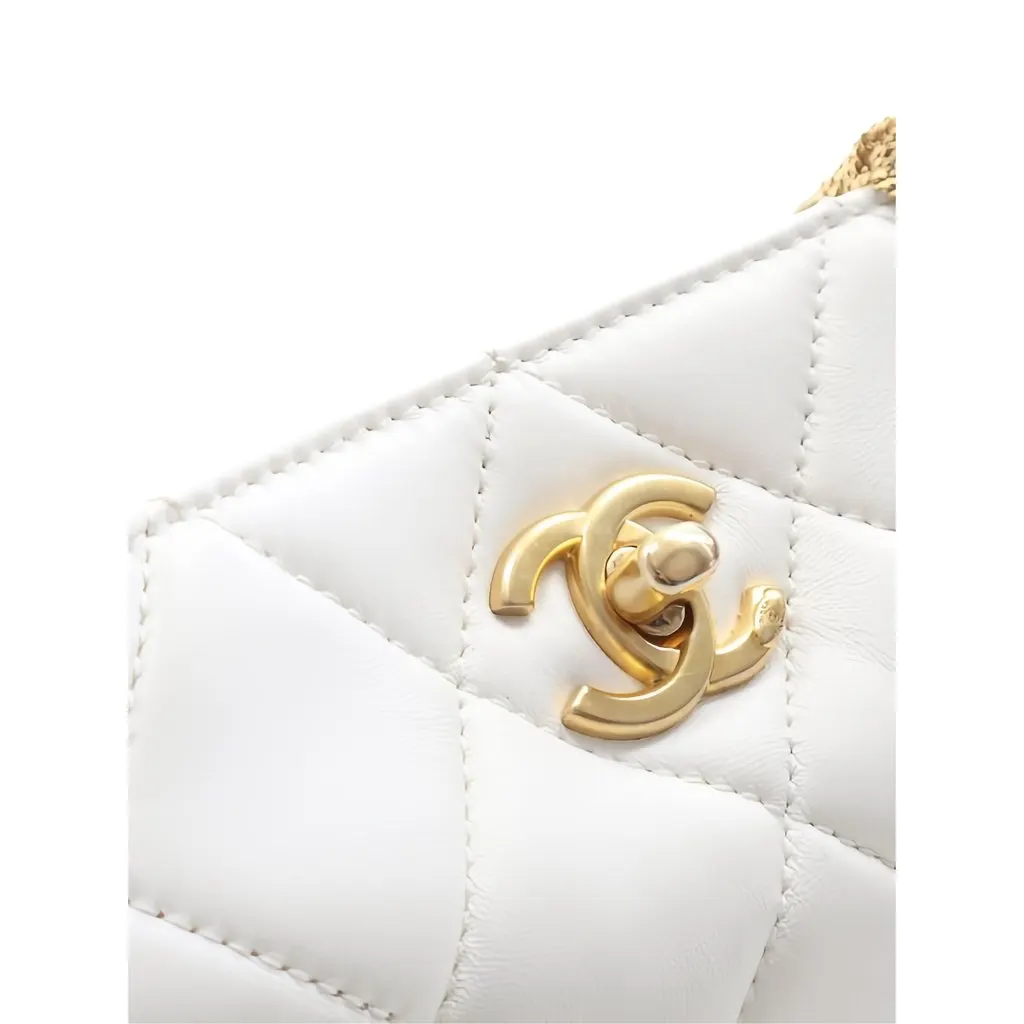 Chanel Small CC Quilted Lambskin Chain Hobo White Leather Good - Model View