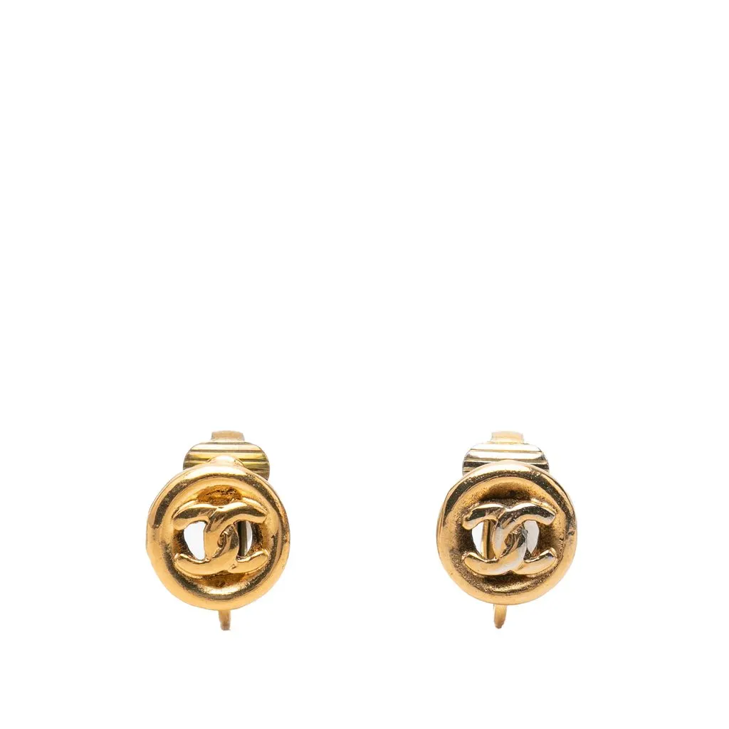 Chanel CC Gold Plated Round Clip On Earrings Gold Metal Very good - Front View