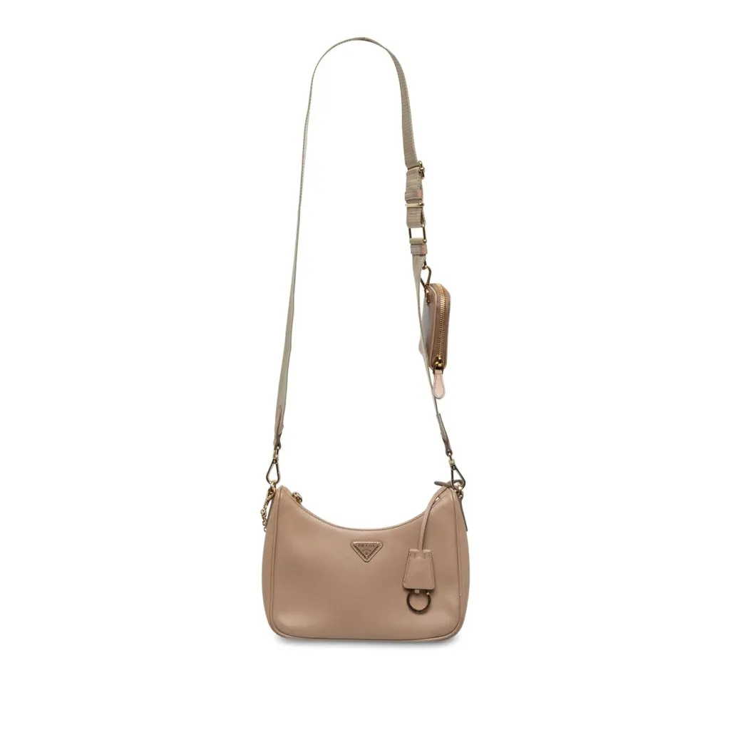 Prada Saffiano Lux Re Edition 2005 Satchel Beige Leather Good - Front View