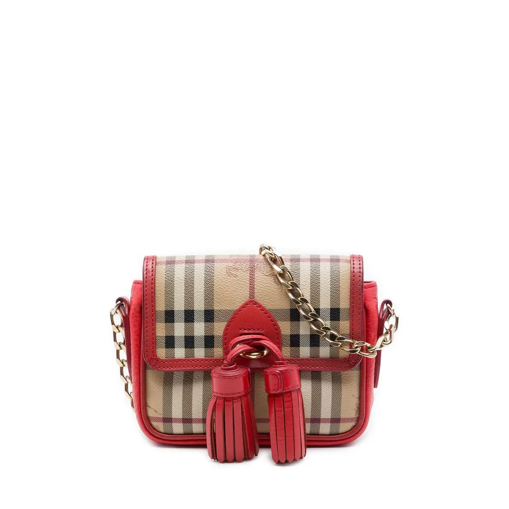 Burberry Mini Haymarket Check Coated Canvas Tassel Crossbody Beige Very good - Front View
