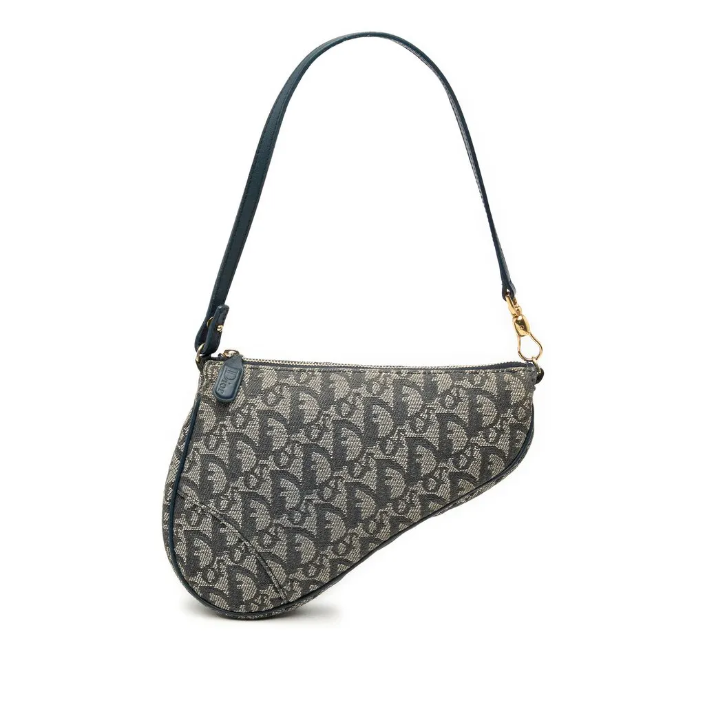 Dior Mini Diorissimo Canvas Saddle Pochette Blue Canvas Good - Front View
