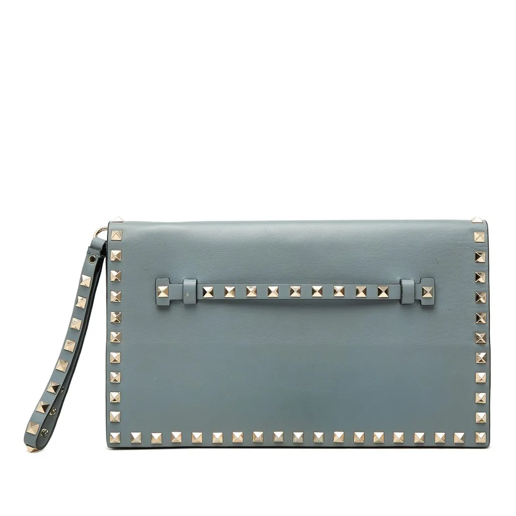 Valentino Leather Rockstud Flap Clutch Blue Leather Very good - Front View
