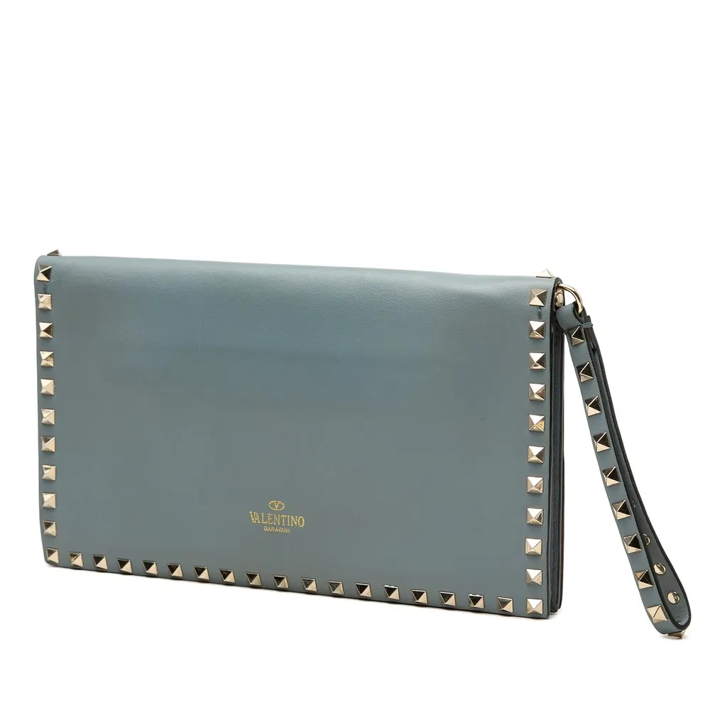 Valentino Leather Rockstud Flap Clutch Blue Leather Very good - Back View