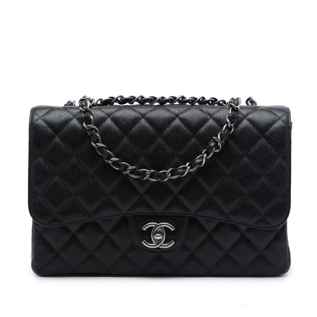 Chanel Jumbo Classic Caviar Single Flap Black Leather Very good - Front View