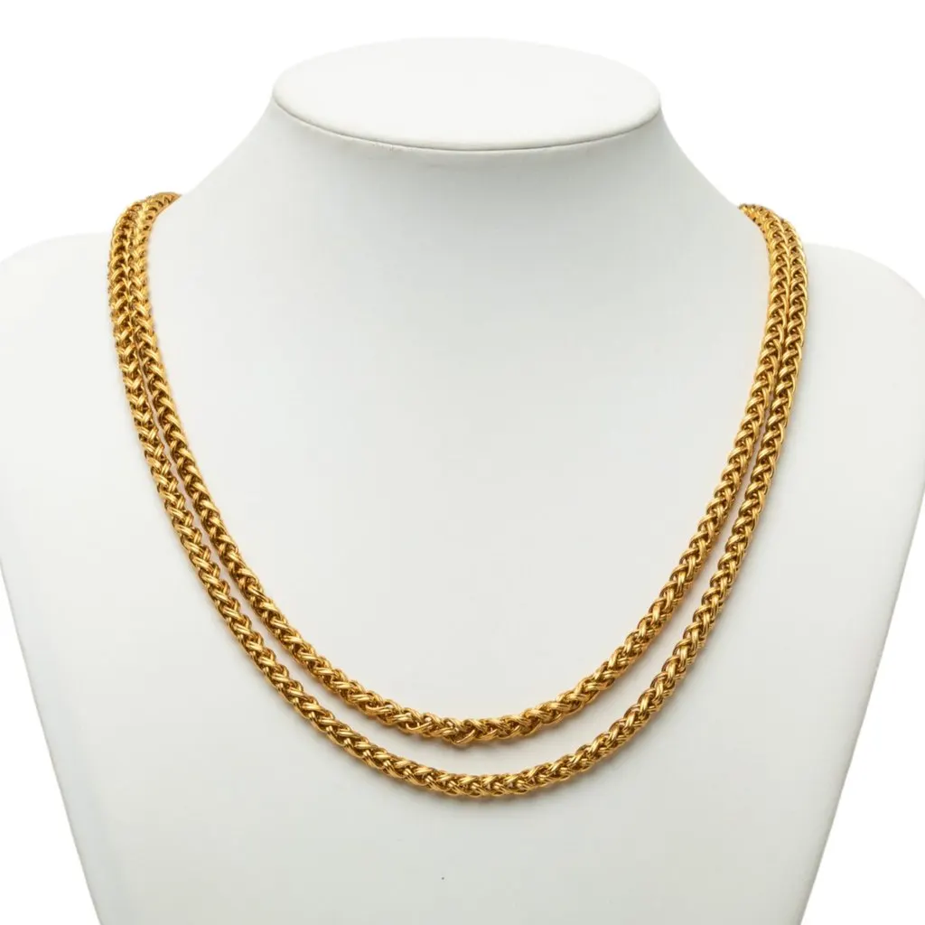 Chanel Gold Plated Medallion Double Strand Chain Necklace Gold Metal Very good - Model View