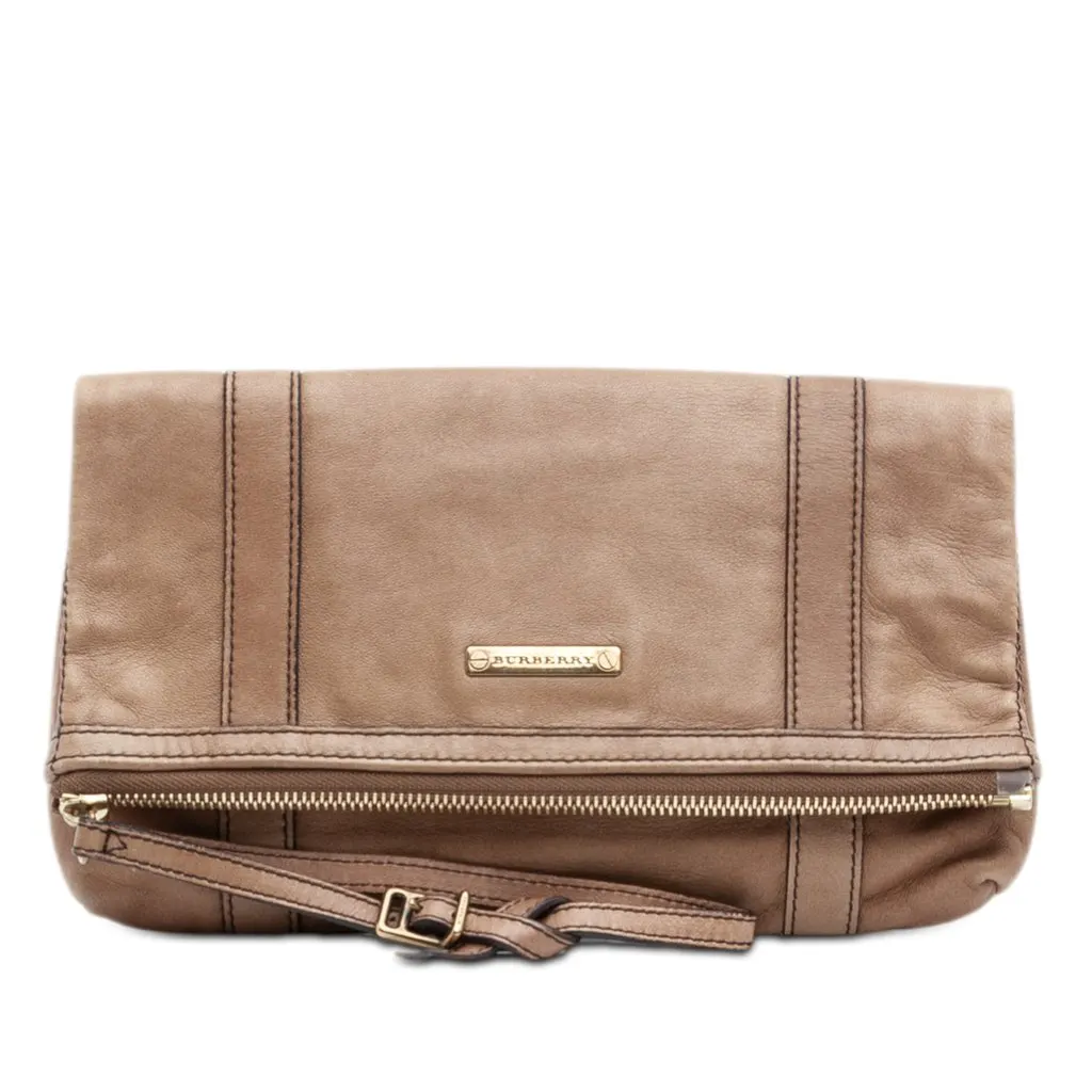Burberry Leather Fold Over Wristlet Clutch Brown Leather Very good - Front View