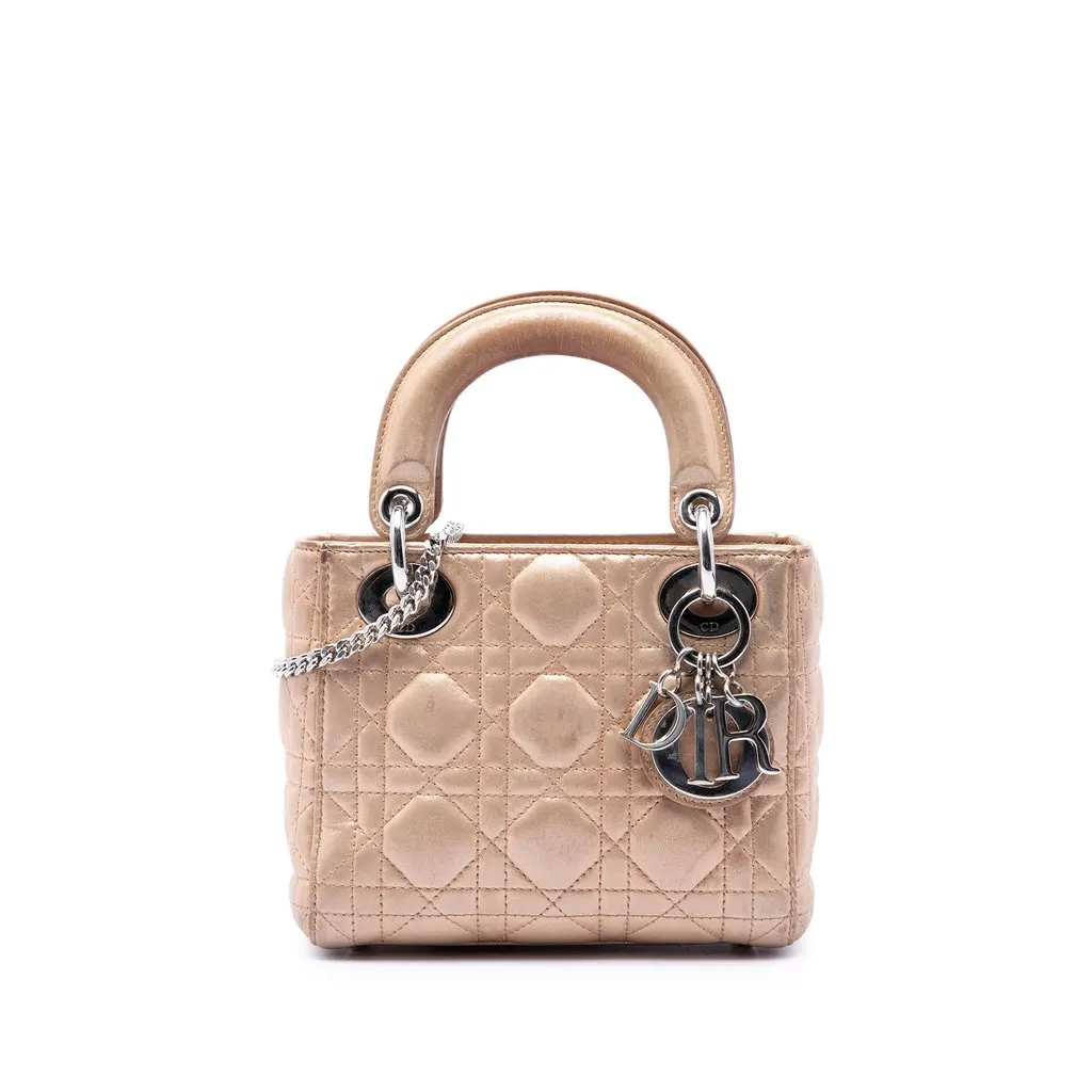 Dior Mini Metallic Lambskin Cannage Lady Dior Pink Leather Very good - Front View