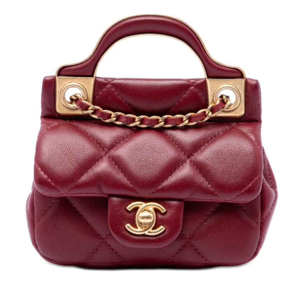 Chanel Quilted Calfskin Lady Card Holder with Chain Top Handle Bag Red Leather Very good - Front View