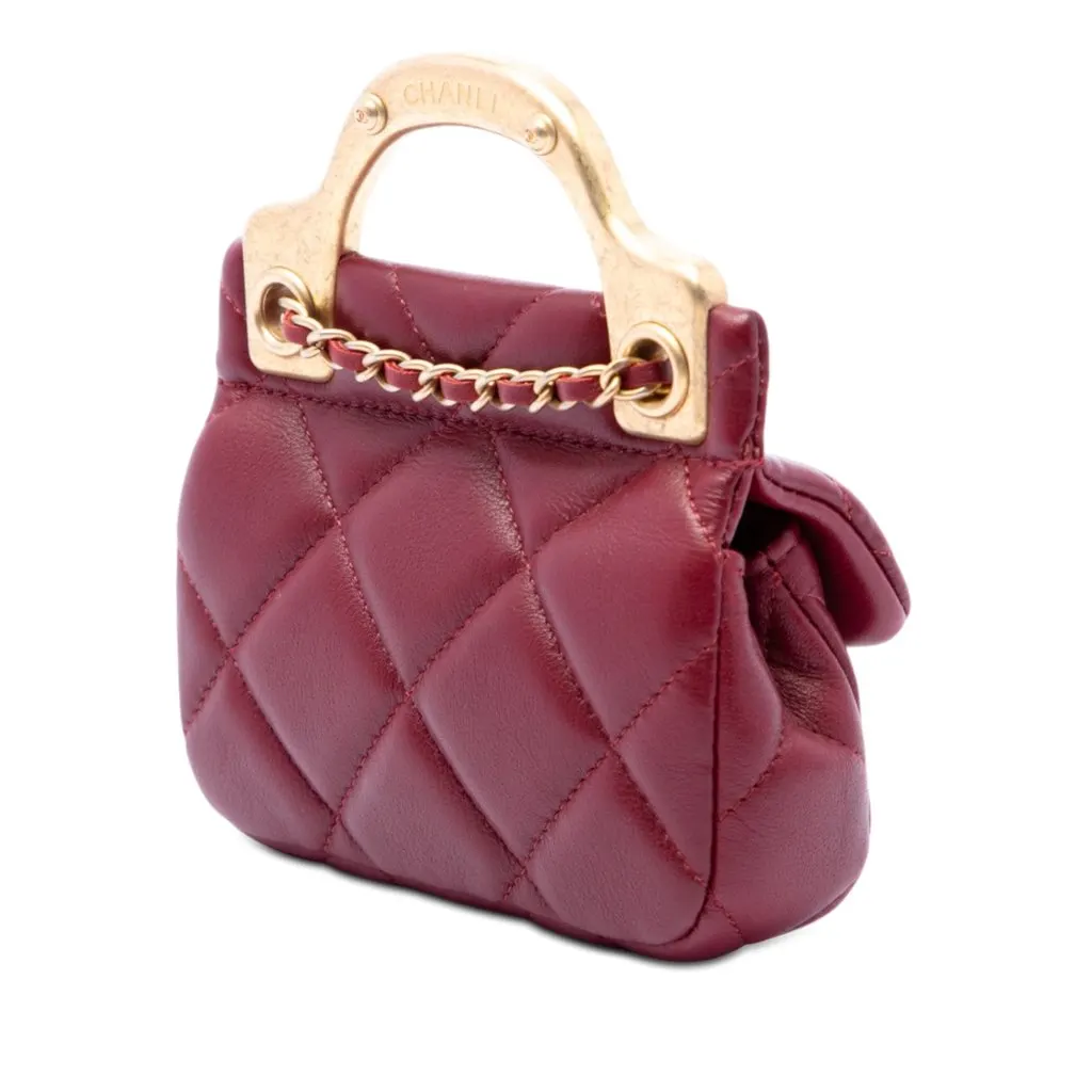 Chanel Quilted Calfskin Lady Card Holder with Chain Top Handle Bag Red Leather Very good - Back View