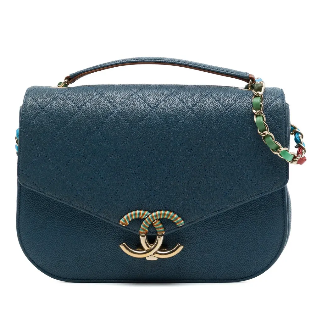Chanel Paris Cuba Medium Quilted Caviar Thread Around Flap Blue Leather Very good - Front View