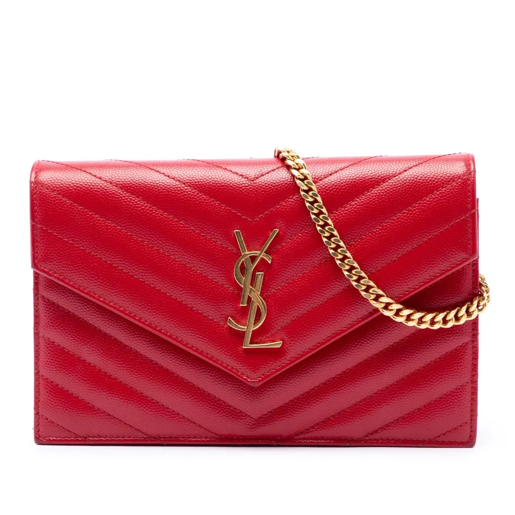 Saint Laurent Grain De Poudre Chevron Monogram Envelope Wallet on Chain Red Leather Very good - Front View