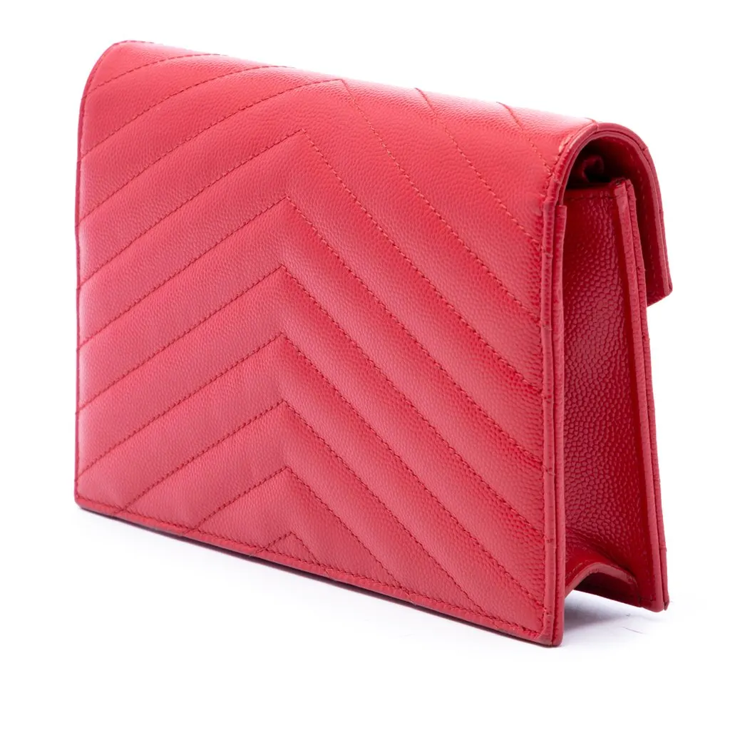 Saint Laurent Grain De Poudre Chevron Monogram Envelope Wallet on Chain Red Leather Very good - Back View
