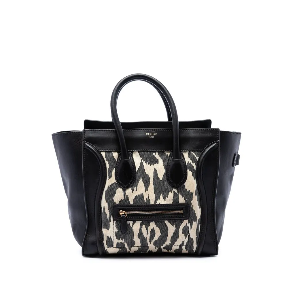 Celine Mini Canvas Leopard Print and Calfskin Luggage Tote Black Canvas Very good - Front View