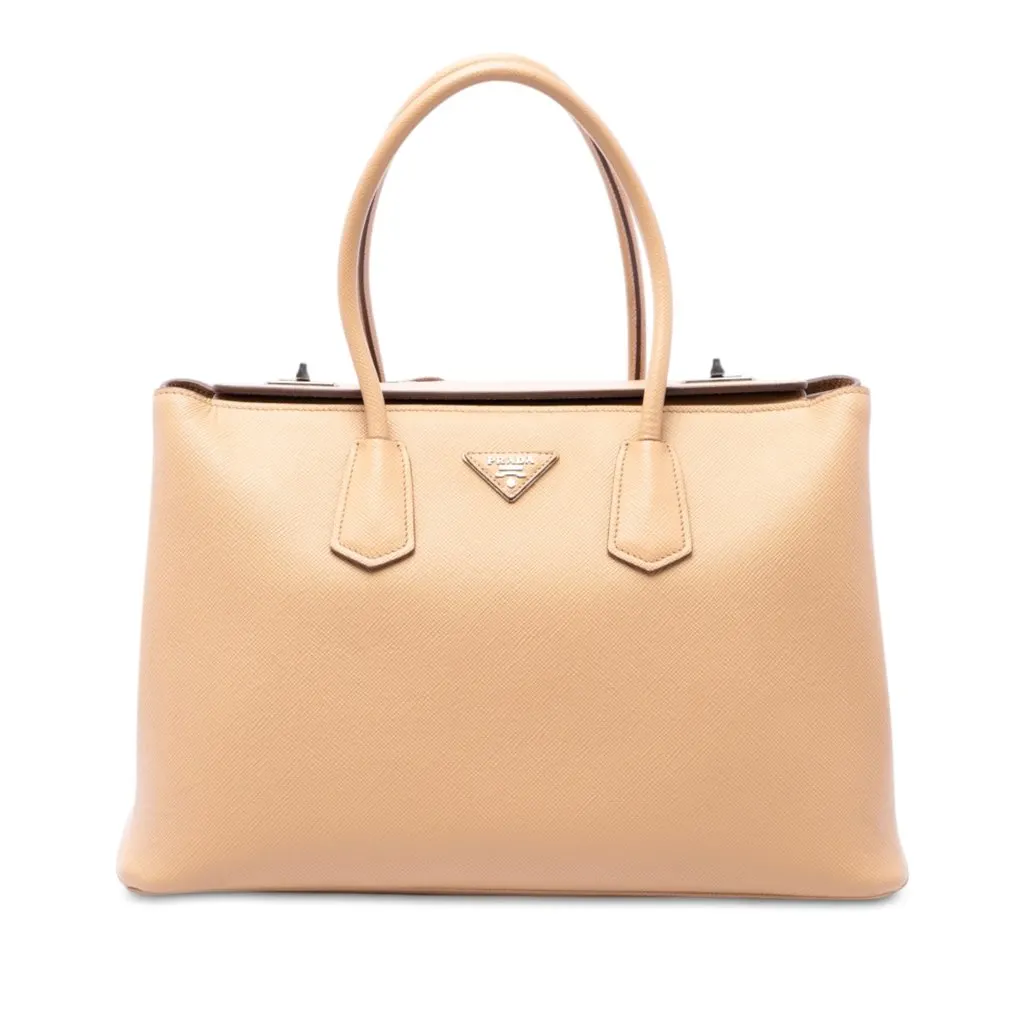 Prada Saffiano Cuir Turnlock Twin Satchel Beige Leather Good - Front View