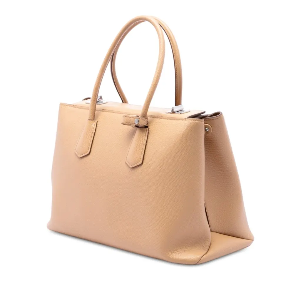 Prada Saffiano Cuir Turnlock Twin Satchel Beige Leather Good - Back View