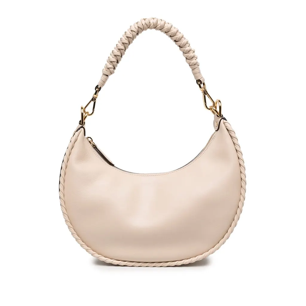 Fendi Small Leather Braided Fendigraphy Hobo White Leather Very good - Front View