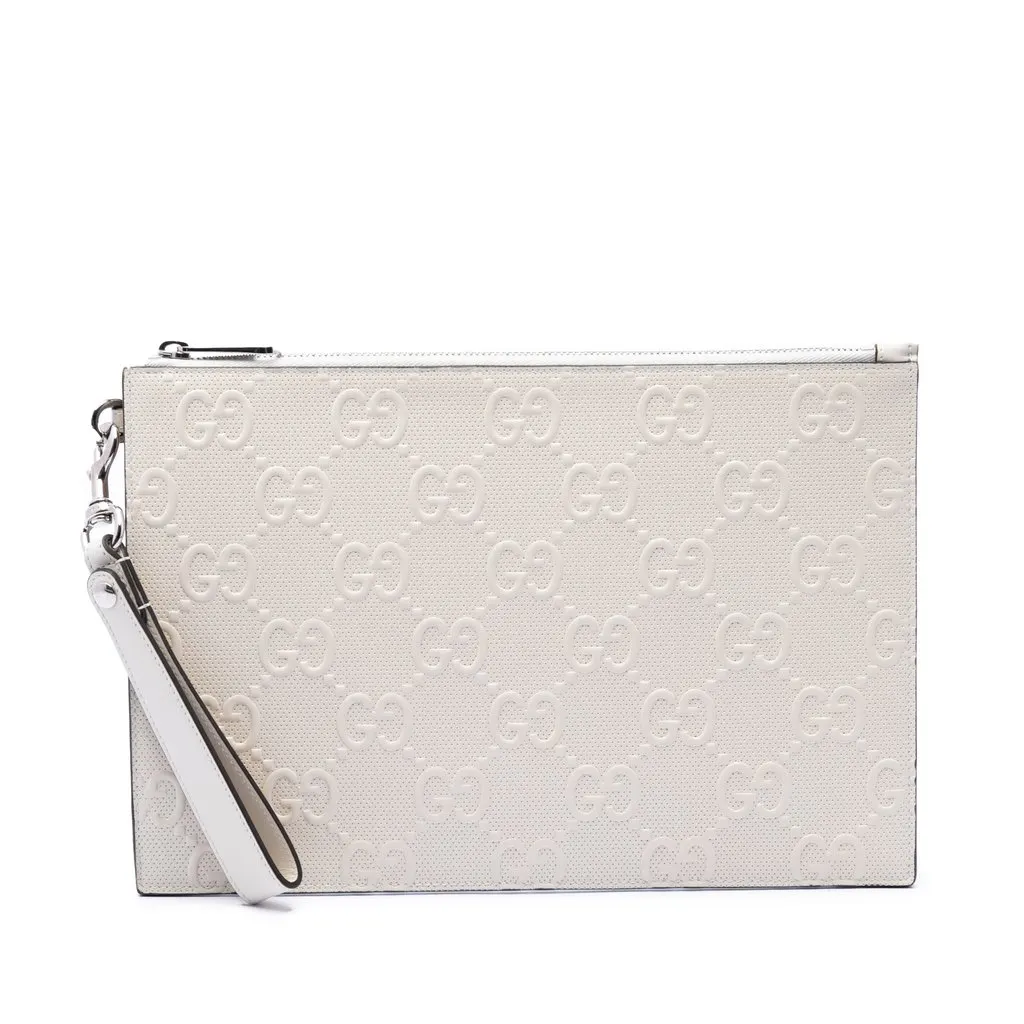 Gucci GG Embossed Perforated Calfskin Wristlet Clutch White Leather Very good - Front View