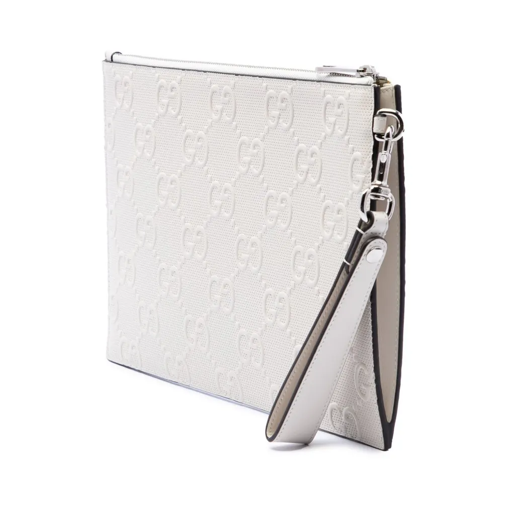 Gucci GG Embossed Perforated Calfskin Wristlet Clutch White Leather Very good - Back View