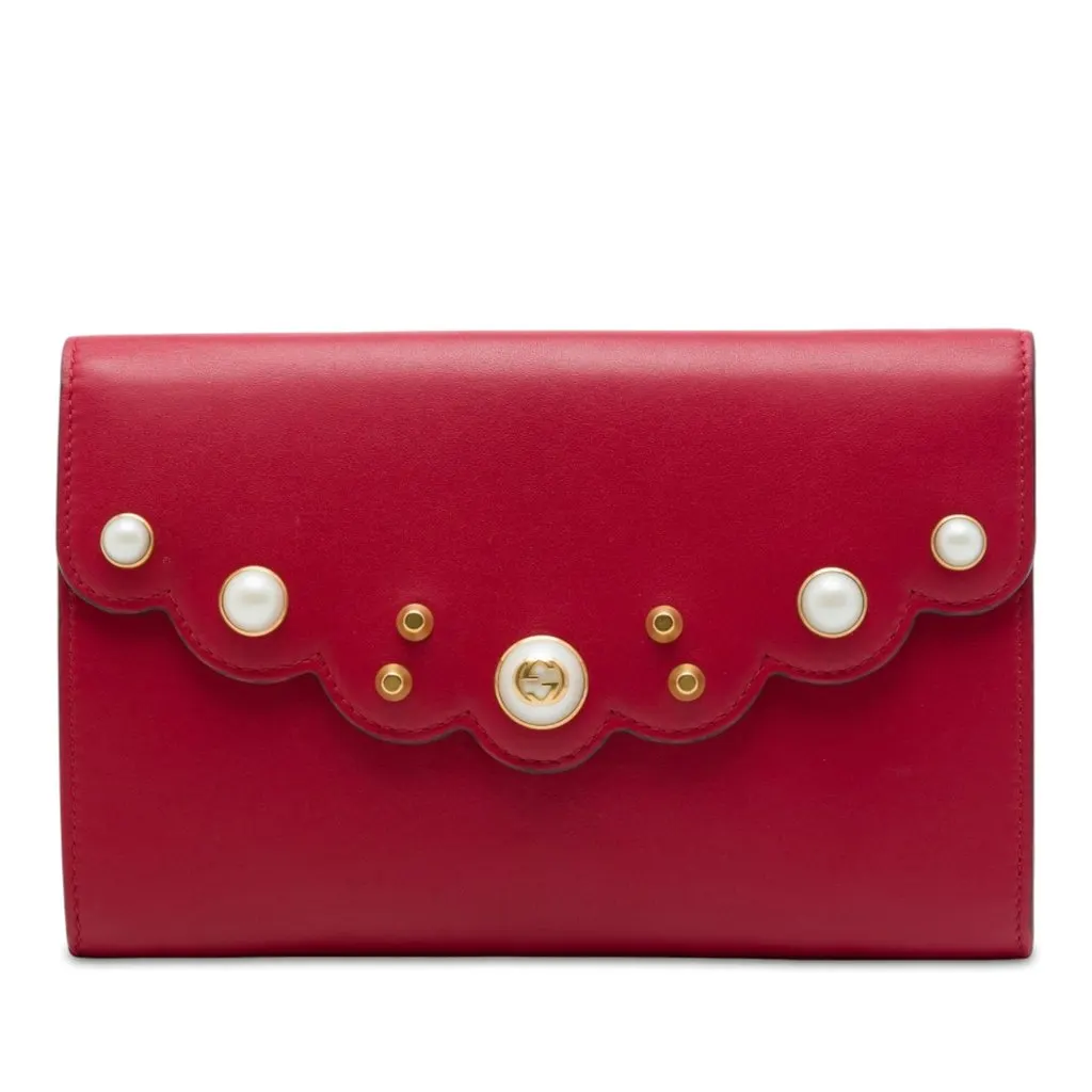 Gucci Calfskin Peony Pearly Clutch Red Leather Very good - Front View