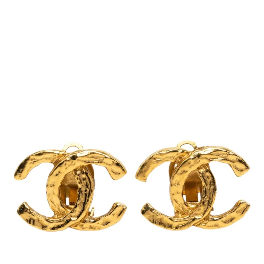 Chanel CC Gold Plated Textured Clip On Earrings Gold Metal Very good - Front View