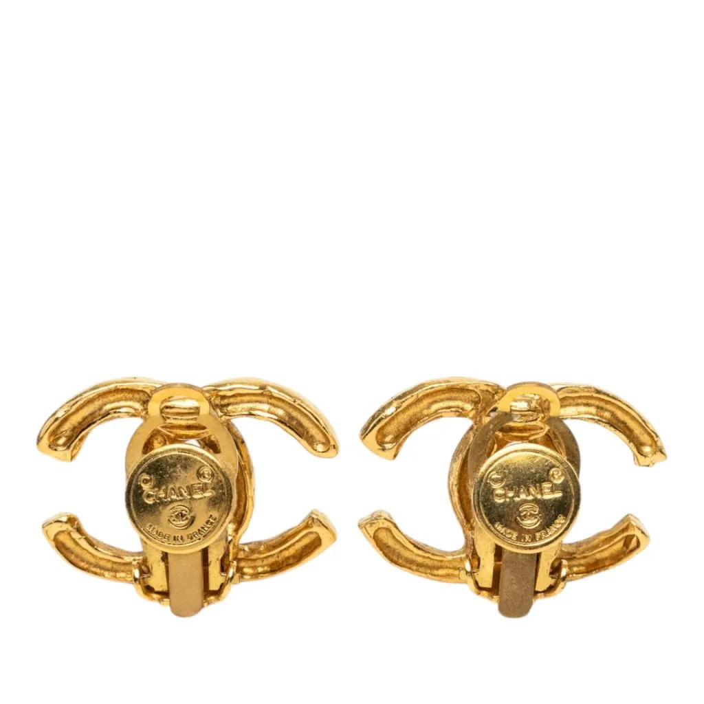 Chanel CC Gold Plated Textured Clip On Earrings Gold Metal Very good - Back View