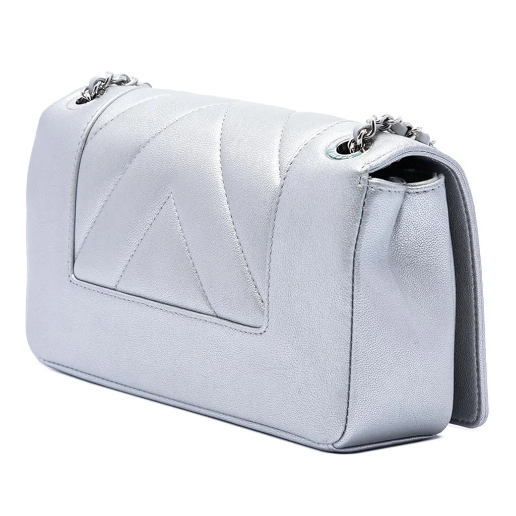 Chanel Mini Quilted Chevron Sheepskin Mademoiselle Vintage Flap Silver Leather Very good - Back View