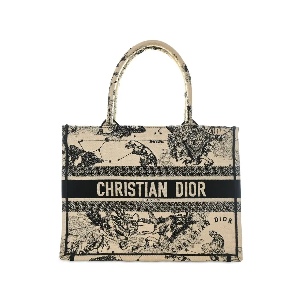 Dior Medium Canvas Embroidered Zodiac Toile De Jouy Book Tote White Canvas Very good - Front View