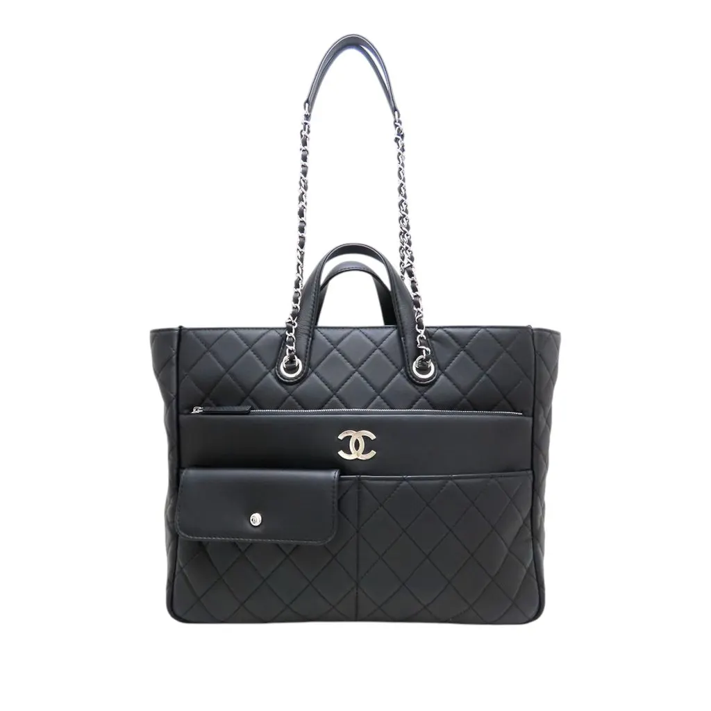 Chanel CC Quilted Calfskin Ultra Pocket Shopping Tote Black Leather Very good - Front View