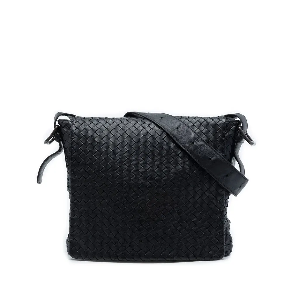 Bottega Veneta Nappa Intrecciato Messenger Bag Black Leather Good - Front View