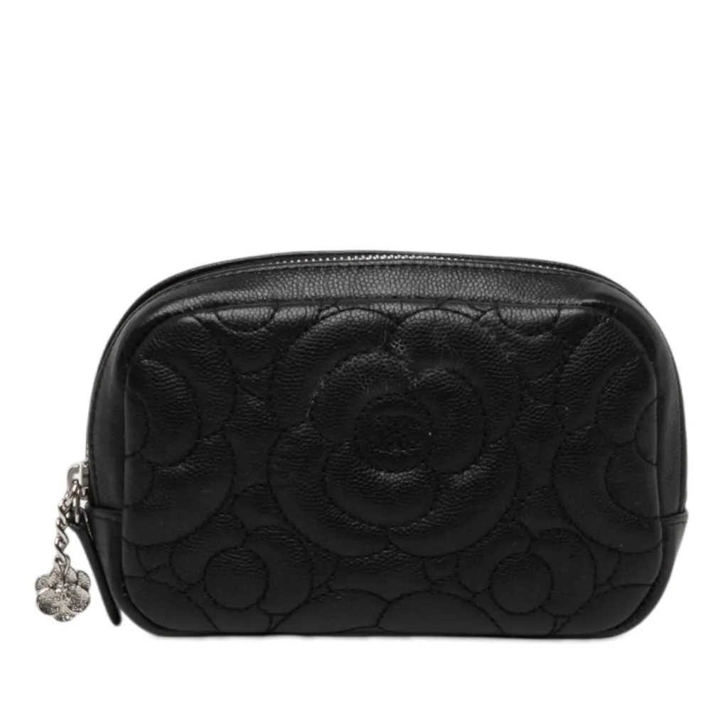 Chanel CC Quilted Caviar Camellia Pouch Black Leather Very good - Front View