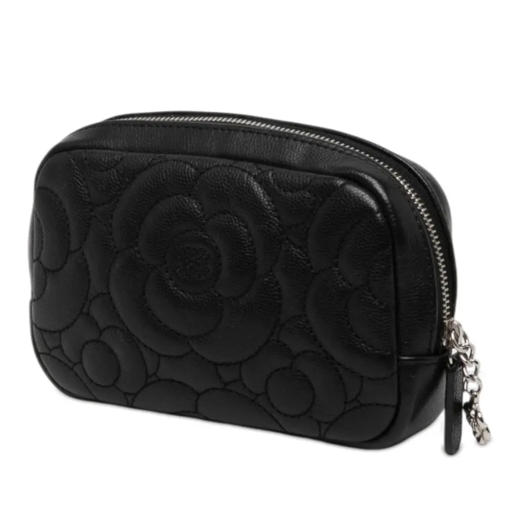 Chanel CC Quilted Caviar Camellia Pouch Black Leather Very good - Back View