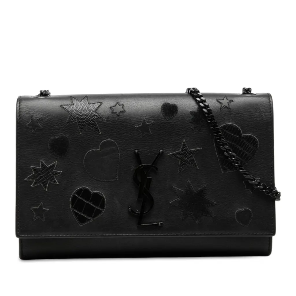 Saint Laurent Medium Calfskin Star and Heart Patchwork Monogram Monochrome Kate Crossbody Black Leather Very good - Front View