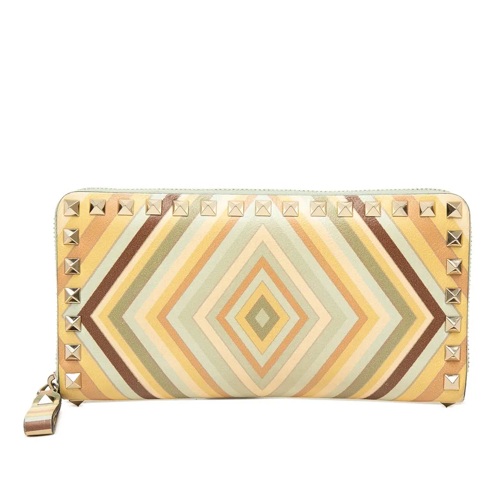 Valentino Leather Native Couture 1975 Print Rockstud Zip Around Wallet