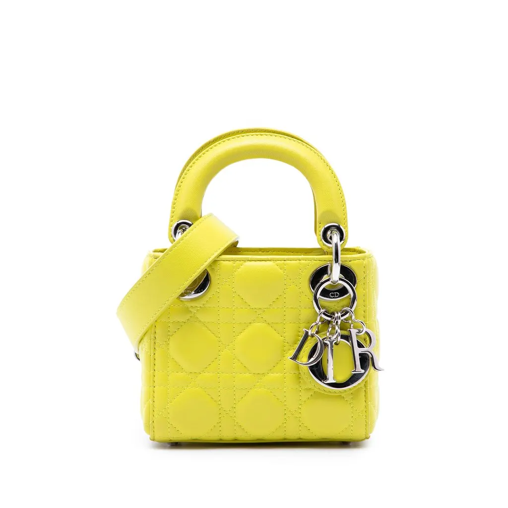 Dior Micro Lambskin Cannage Lady Dior Yellow Leather Good - Front View