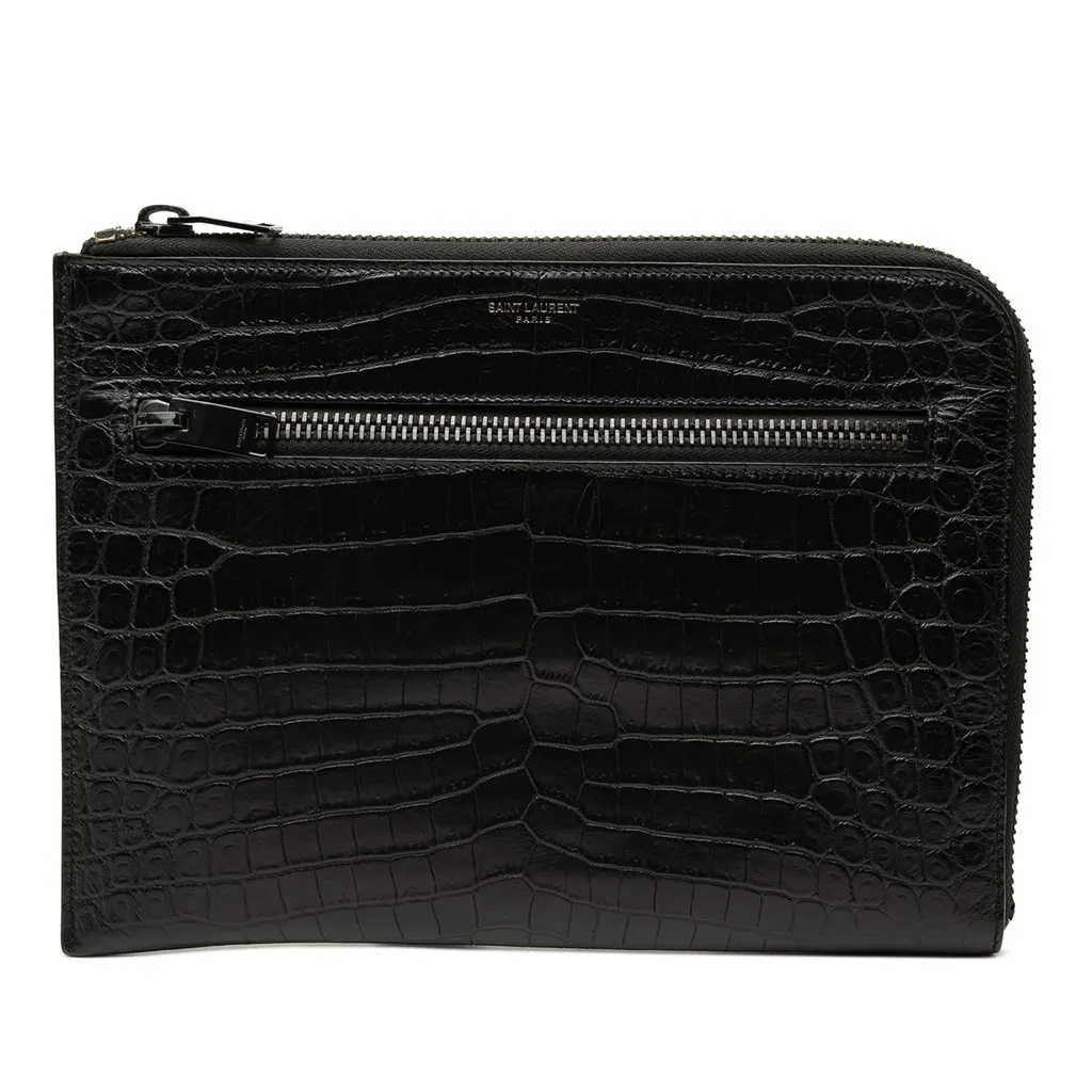 Saint Laurent Croc Embossed Leather Clutch Black Leather Very good - Front View
